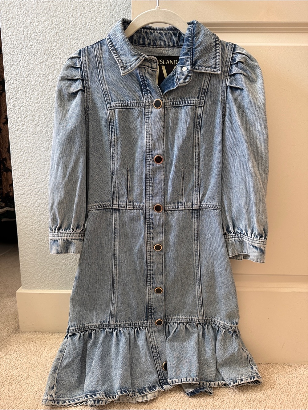 River Island Light Wash Denim Puff-Sleeve Mini Dress